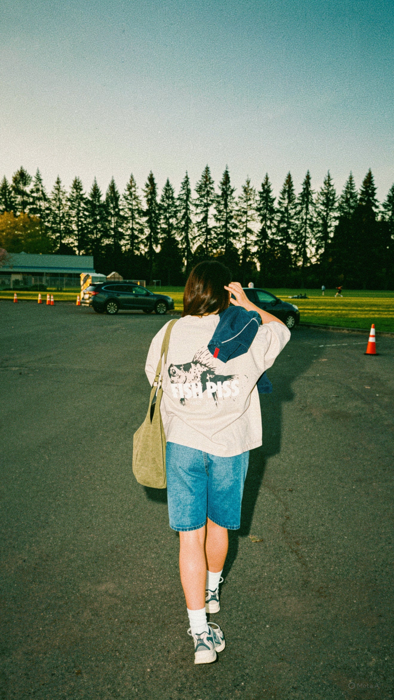 Person walking in a parking lot with trees in the background